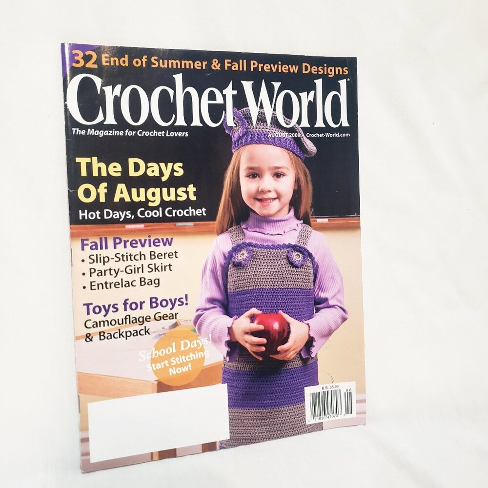 Crochet World Magazine August 2009 Camouflage Gear Backpack Skirt Beret Bag